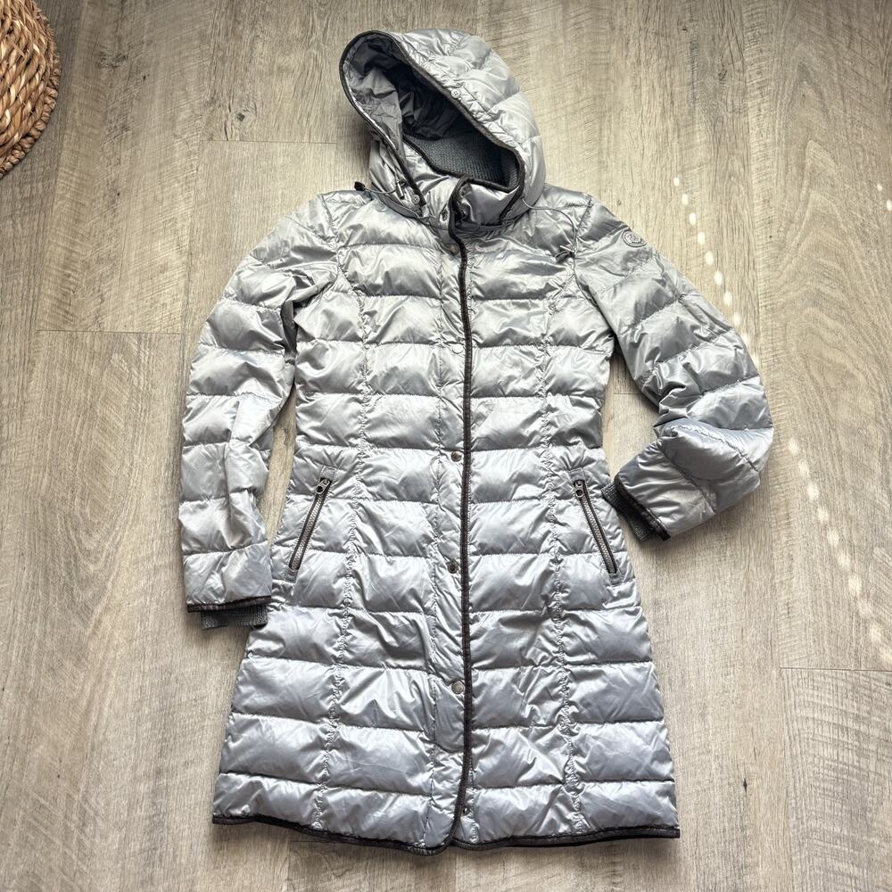 MILESTONE Down Puffer Jacket Women's XS Metallic Silver Long Coat Hooded German